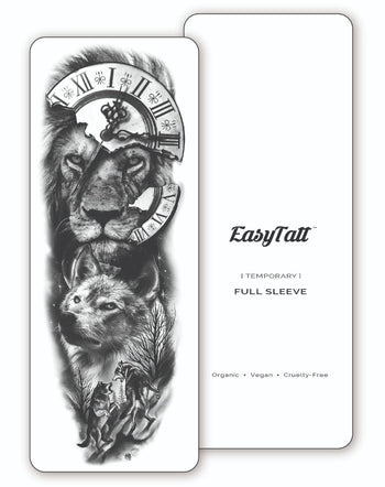 Full tattoo sleeve with lion and wolf