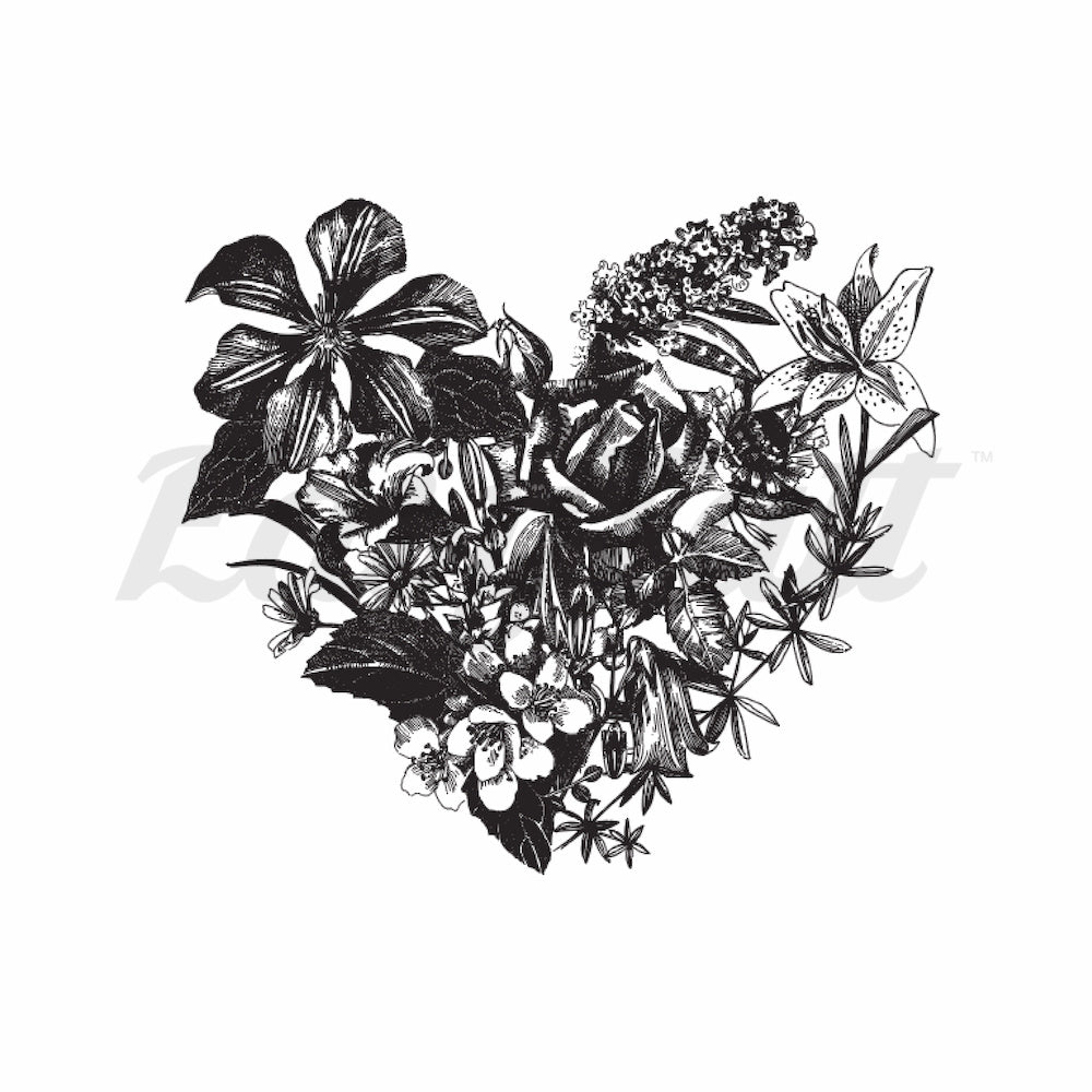 Black Floral Heart - Temporary Tattoo