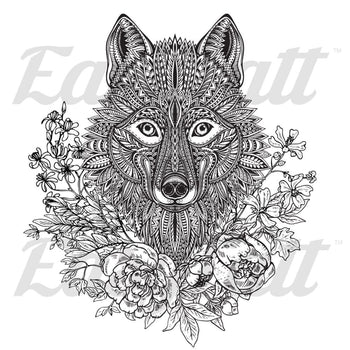 Wolf and Floral - Temporary Tattoo